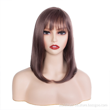 Wholesale heat resistant brown straight wave wigs with natural bangs synthetic hair wigs for women